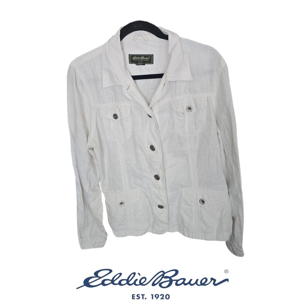 Eddie Bauer 100% Linen White Utility Safari Jacket Women’s XL